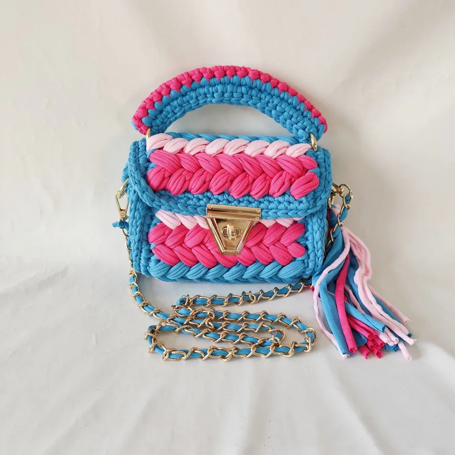 New Handmade Woven Color Contrast Patchwork Color Chain Tassel Handbag Messenger Bag