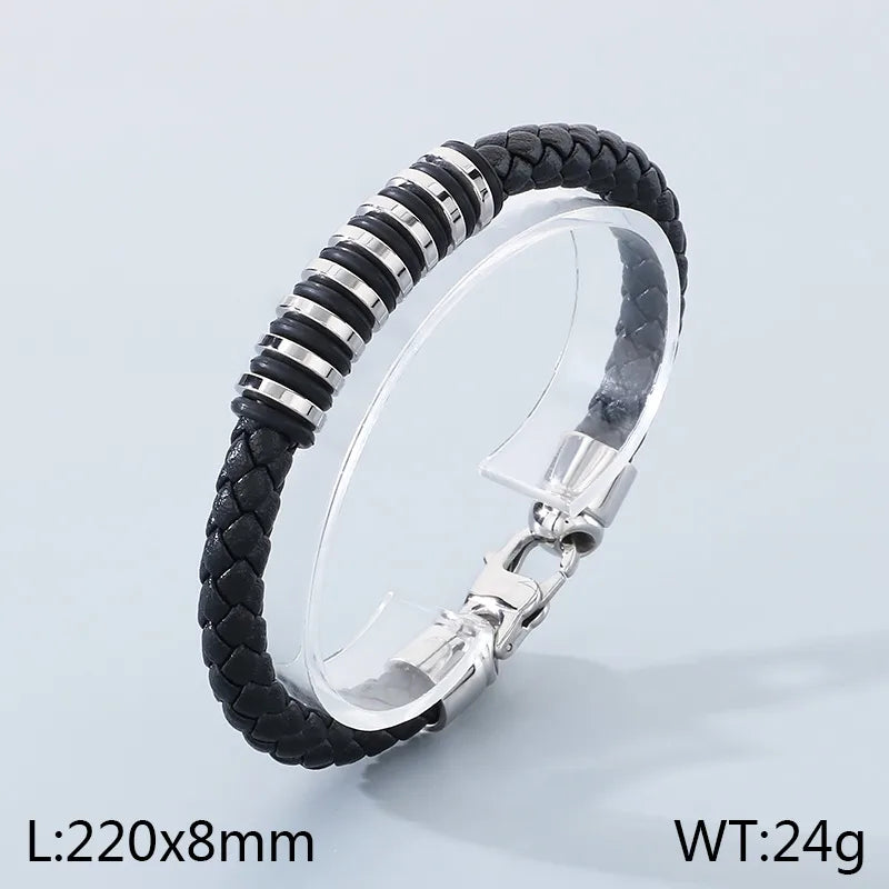 Business Geometric 304 Stainless Steel 18K Gold Plated Men's Bangle Men Cord & Leather Bracelets