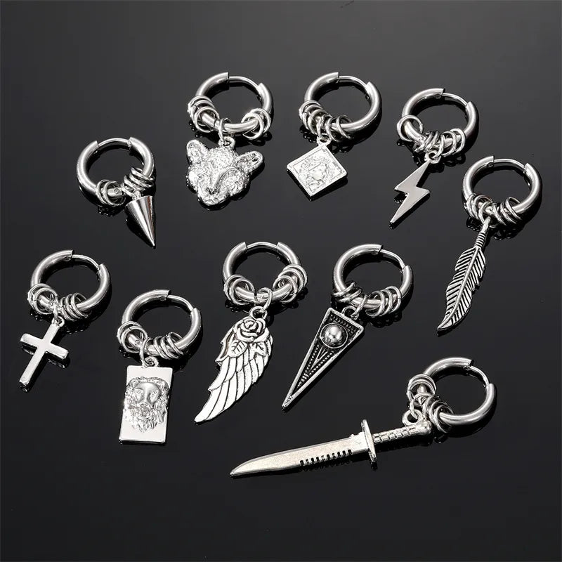 punk triangle cross feather stainless steel plating dangling earrings 1 piece