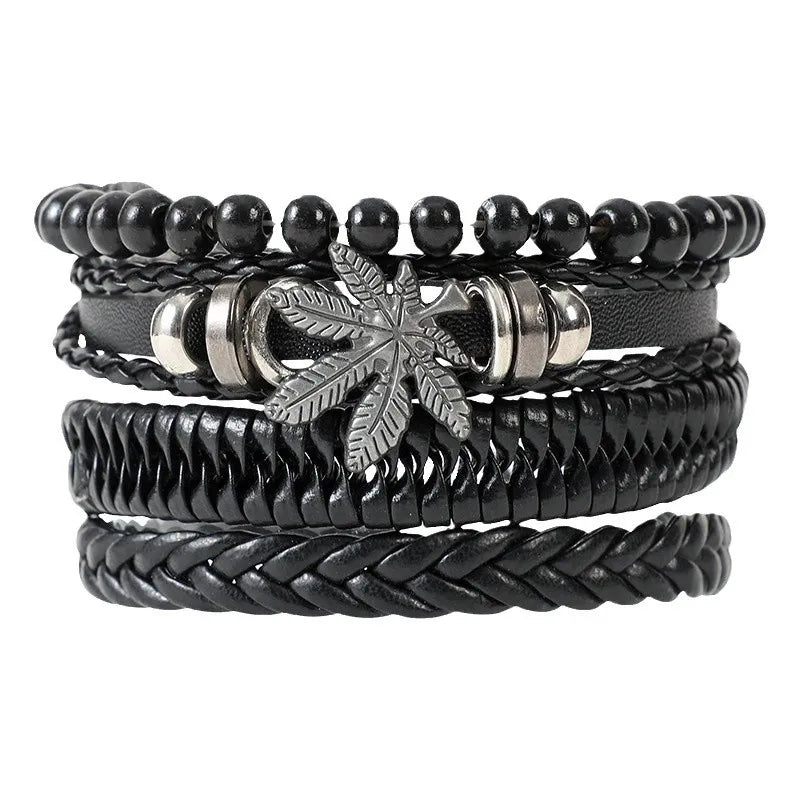 Vintage Style Classic Style Pentagram Letter Maple Leaf Pu Leather Alloy Woven Chain Wrap Bracelets Wholesale
