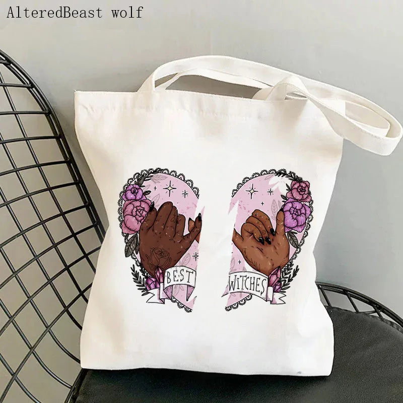 Magic Witch Pastel Gothic Handbag Printed Canvas Tote Single Shoulder Shopping Bag Ladies Fashion Handbag