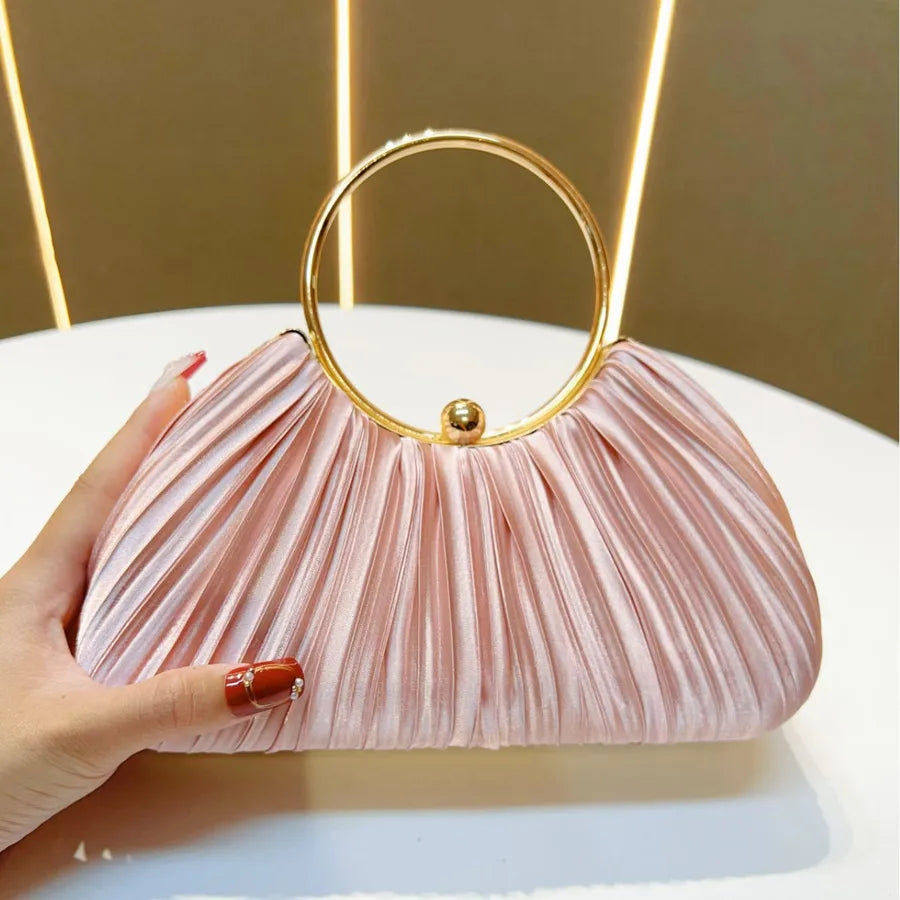 New Women's Handbag Pleated Evening Bag Party Dress Ball Gown Ring KTV Princess Socialite Bag Shell Shape Polyester Material
