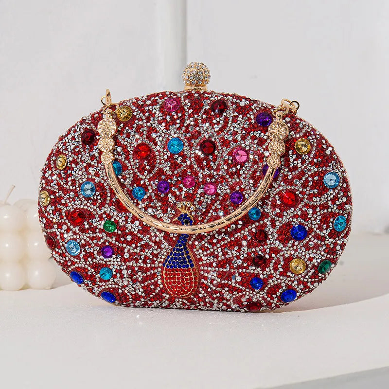 Rhinestone Metal Peacock Oval Evening Bags