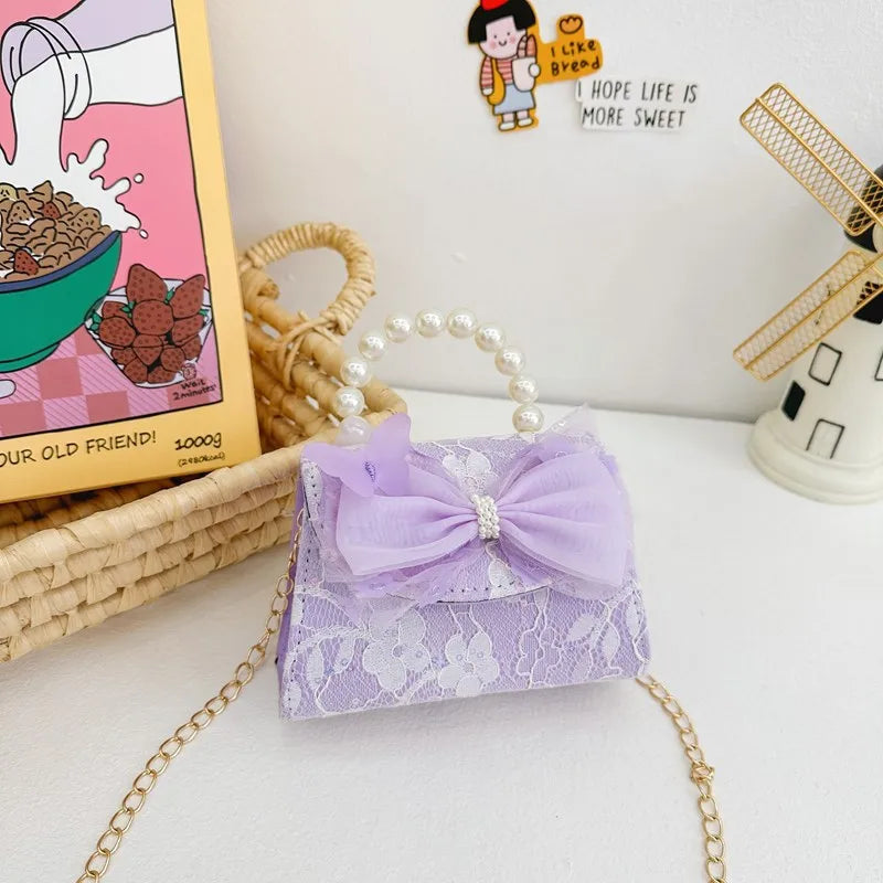 New Children's Bag Crossbody Bag Fashion Pearl Handbag Lace Bow Girl Princess Accessories Bag