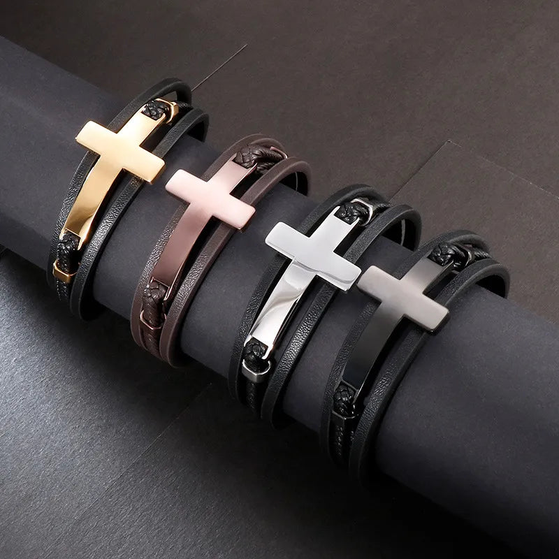 Hip-Hop Retro Cross Pu Leather Titanium Steel Plating 18K Gold Plated Men's Bracelets