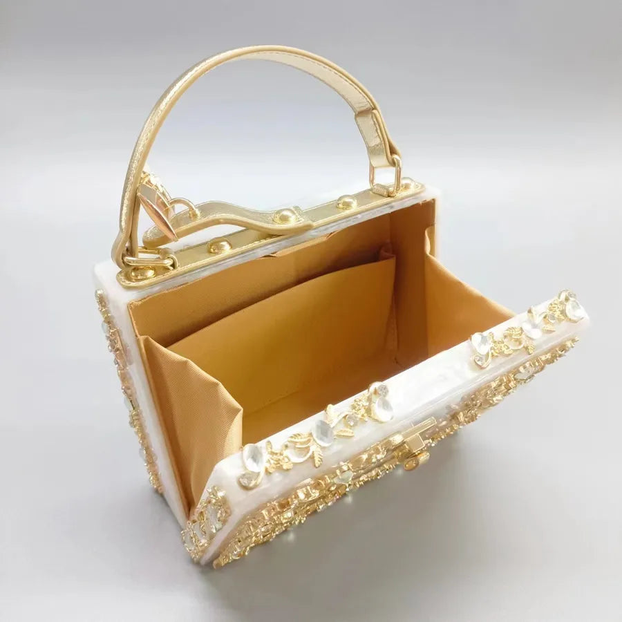 Clearance  acrylic dinner bag hollow metal carved Diamond-embedded handbag shoulder crossbody women's bag