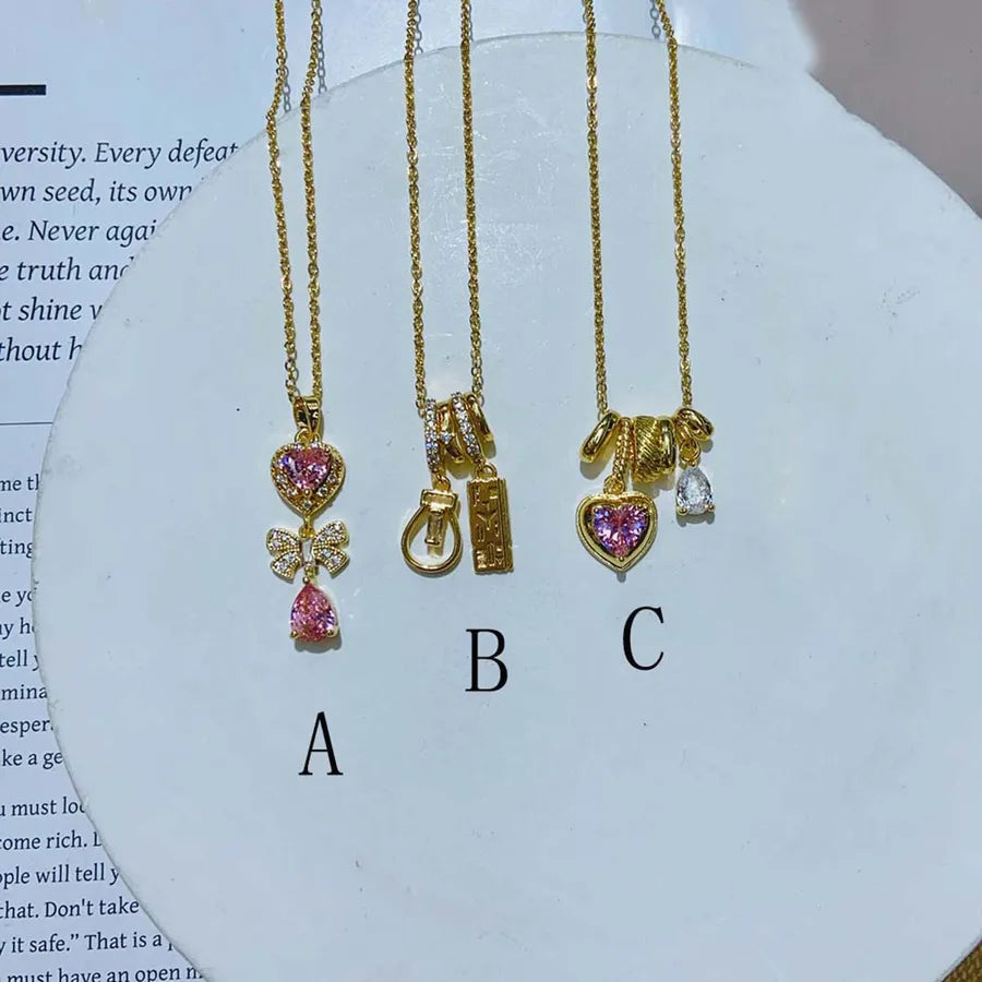 Wholesale Jewelry Casual Romantic Artistic Water Droplets Heart Shape 304 Stainless Steel Copper Zircon 18K Gold Plated Plating Inlay cable chain Pendant Necklace