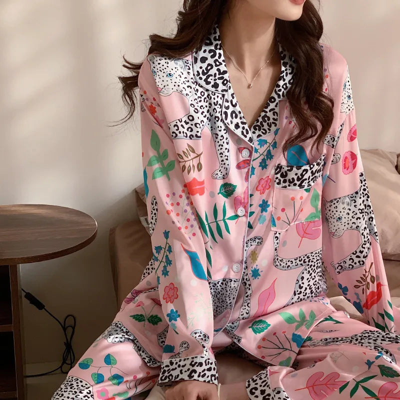 Pure Color Lace Splice Smooth Ice Silk Sleepwear Set Women Long Sleeve Long Pants Two Piece Set High-End Sensation Home Clothes