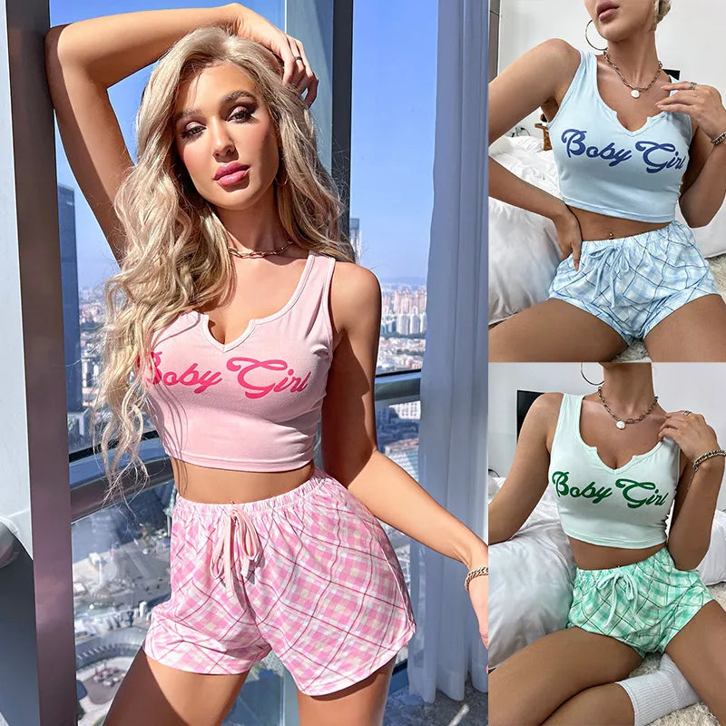 summer women's pajamas two-piece sexy camisole shorts home wear pajamas