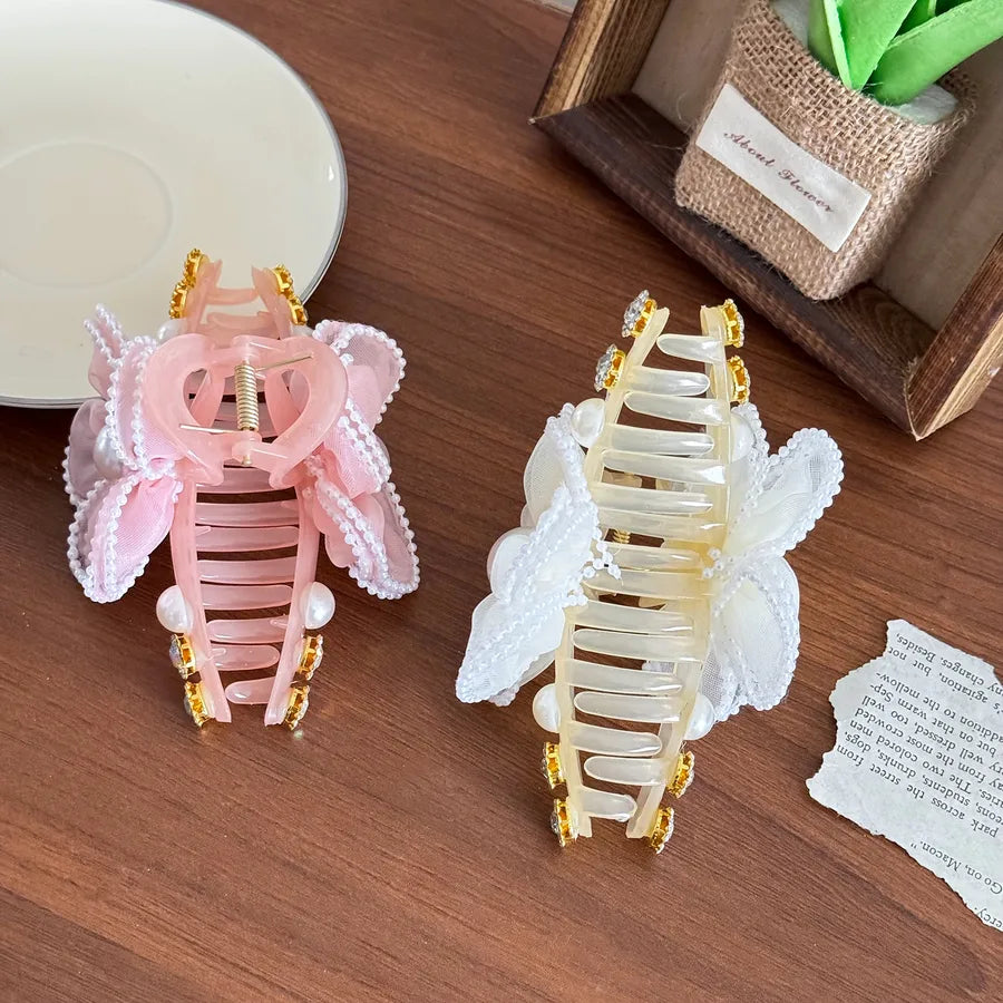 Dove Super Large Pearl Rhinestone Mesh Flower Hair Clip Elegant Sensation Shark Bite Hair Clip Women's Fashion Hair Accessories