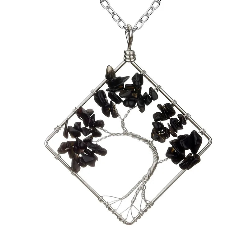 fashion square tree natural stone crystal metal beaded hollow out pendant necklace 1 piece