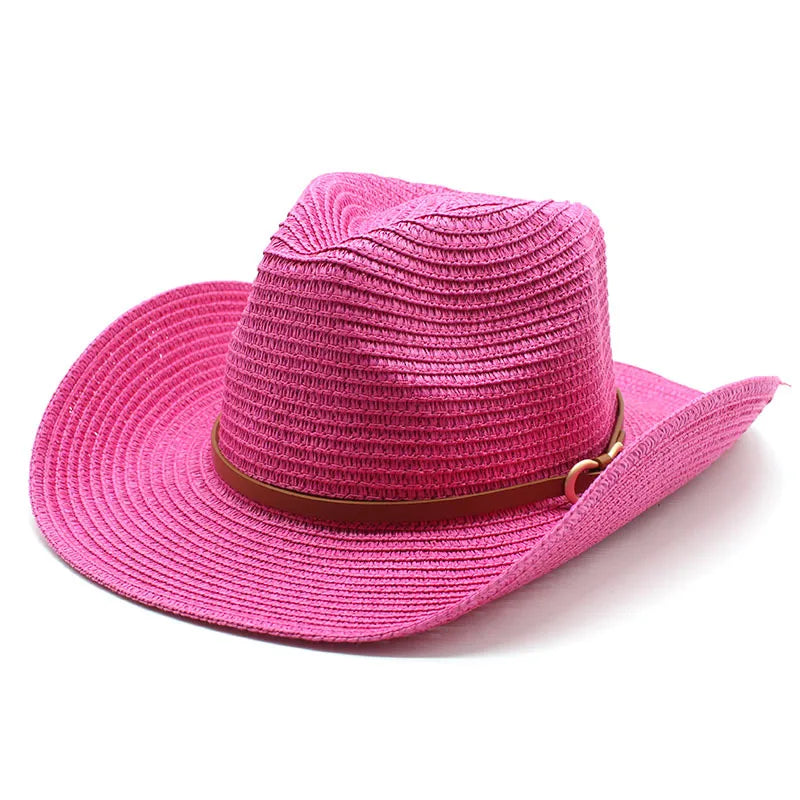 women's cowboy style solid color flat eaves straw hat