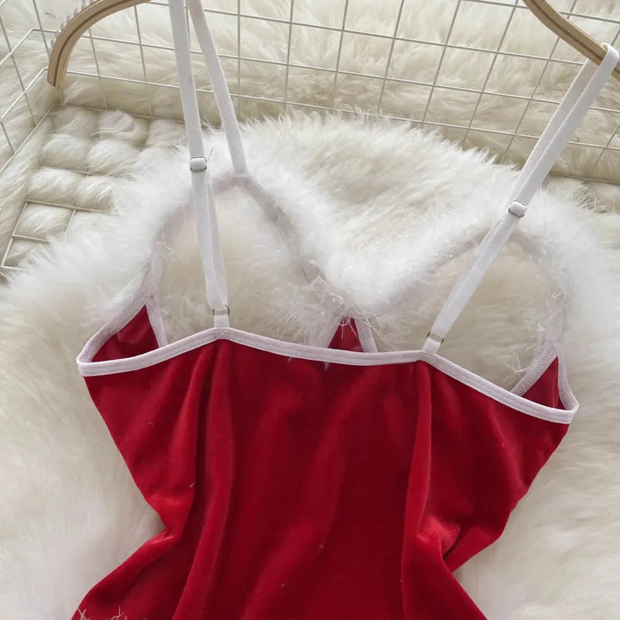 Women's Christmas Sexy Solid Color Sexy Lingerie Sets Party Jumpsuit Mid Waist Thong Sexy Lingerie