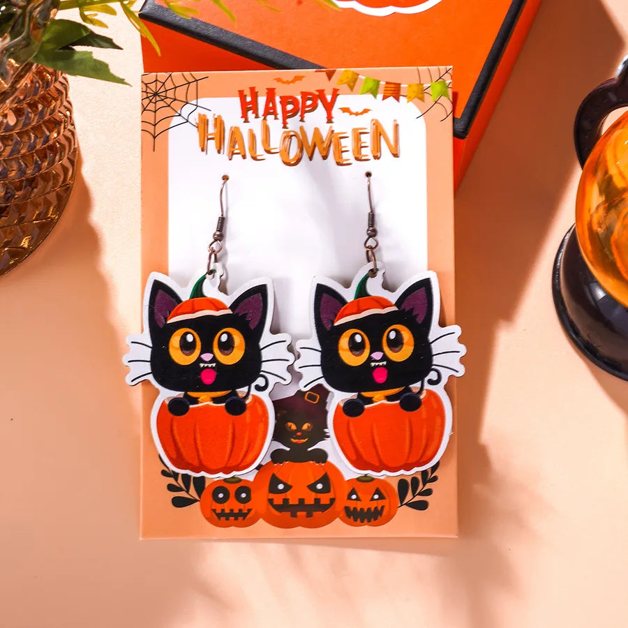 Creative Halloween Theme Wooden Pumpkin Spider Cat Earrings Quirky Cartoon Style Women's Simple Design Dangle Stud Earrings