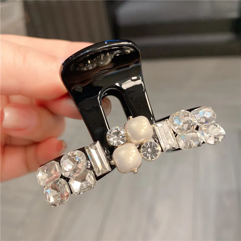 Sparkling Pearl Rhinestone Hair Clip Medium Size Half Up Shark Clamp Glittering Women's Hair Accessories Sweet Back Of Head Bun