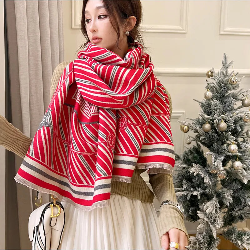 women's elegant simple style stripe flower imitation cashmere scarf