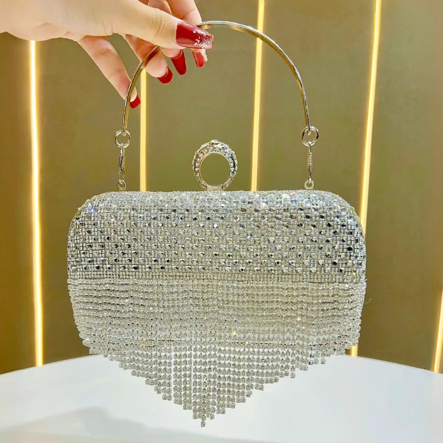 Fashionable Full Diamond Evening Clutch Bag Tassel Embellished Party Dress Wedding Gown Complement Square Polyester Bag