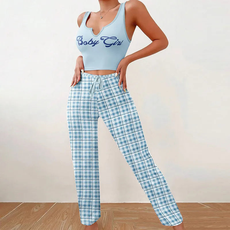 BabyGirl   homewear vest color matching plaid trousers letter printed top women's pajamas