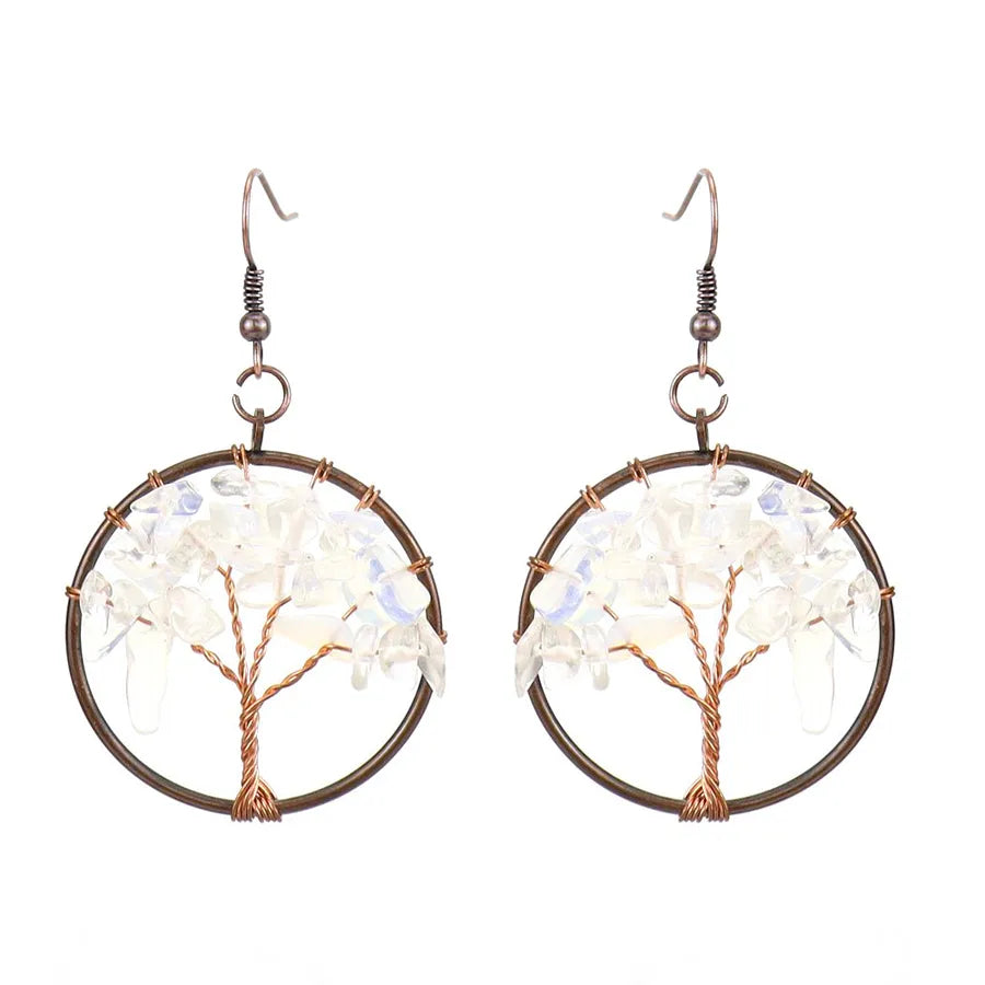 1 pair ethnic style pastoral tree hollow out natural stone copper drop earrings