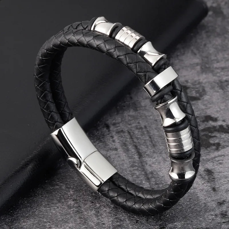 Retro Classic Style Geometric Pu Leather Titanium Steel Woven Chain Wrap Bracelets Wholesale