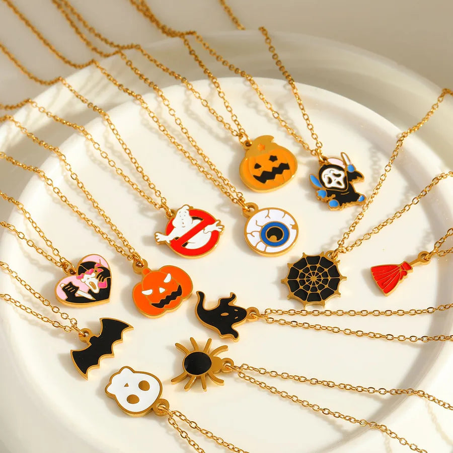 Gold Plated Stainless Steel Halloween Series Drop Oil Pumpkin Face Pendant Necklace Funny Skeleton Head Spider Design Jewelry