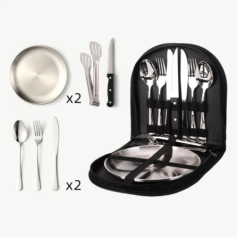 Outdoor travel stainless steel tableware camping picnic barbecue plate clip steak knife, fork and spoon suit portable storage bag