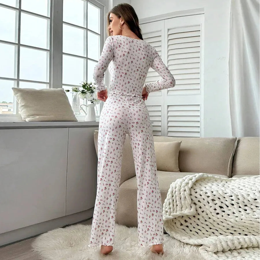 European Style Long Sleeve V-Neck Floral Print Sleepwear Set Women's Home Clothes With Cuffed Pants Thick Polyester Knitted Fabric