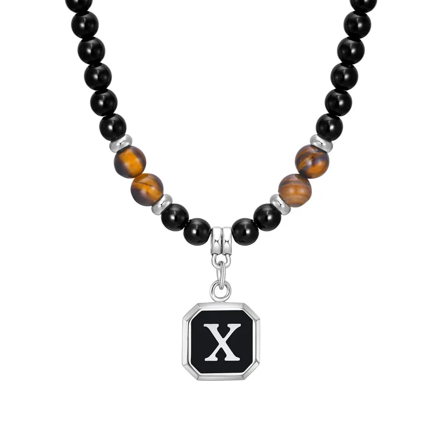 Simple Style Letter 304 Stainless Steel Arylic Tiger Eye Beaded Handmade Inlay Tiger Eye Men's Pendant Necklace
