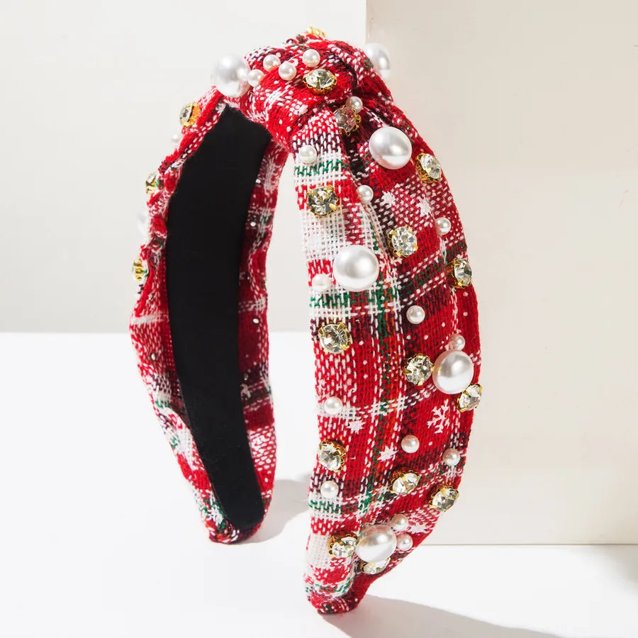 Creative Christmas Series Headband Color Block Plaid Fabric Knot Wide Edge Pearl Embedded Fashionable Women's Hair Accessories