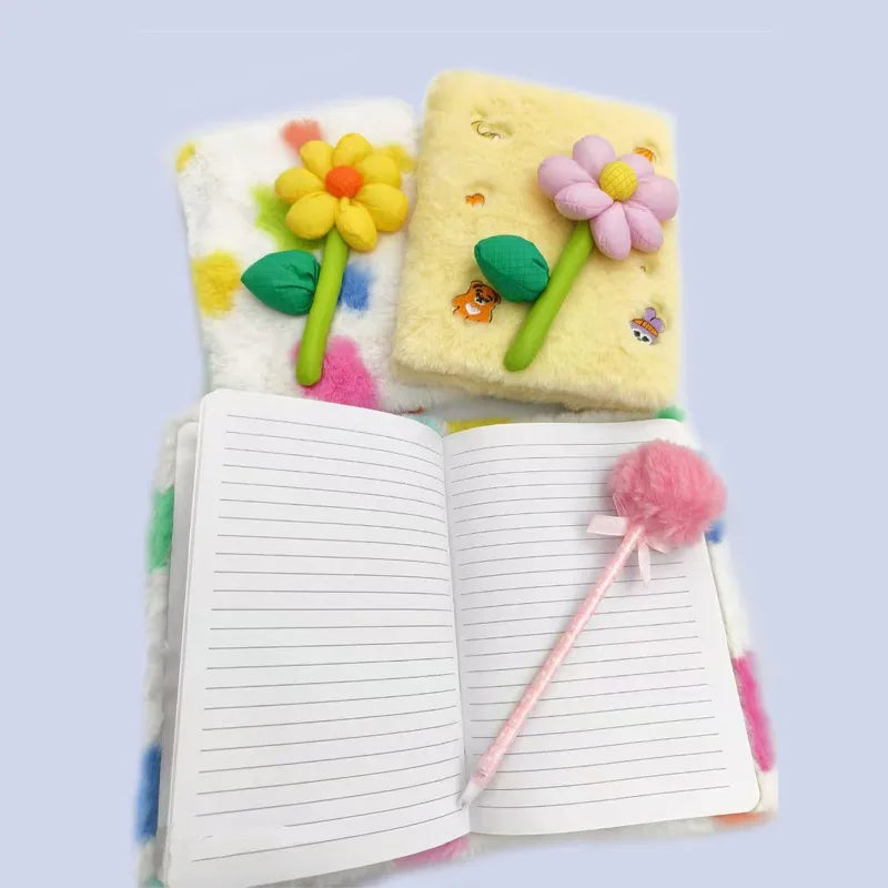 Creative A5 Plush Notebook Cartoon Mini Book Student Diary With Horizontal Lines 70g*80 Pages White And Yellow Flocking Material