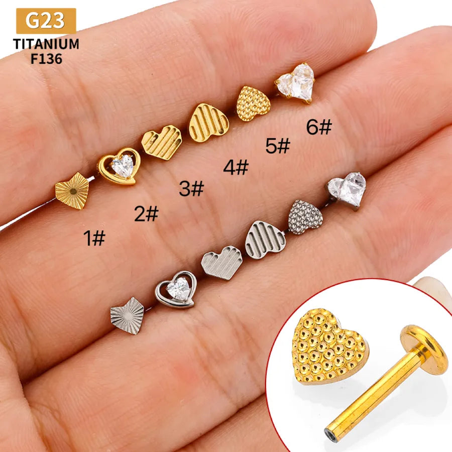 1 Piece Lip Rings Simple Style Heart Shape Titanium Alloy Polishing Plating Hollow Out Zircon 14K Gold Plated Lip Rings Ear Cartilage Rings & Studs Nose Rings & Studs