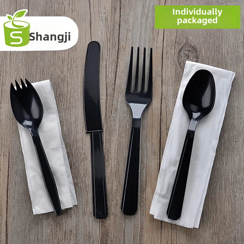 Shanghai Shangji black and white long handle plastic fork spoon disposable knife and fork creative portable tableware three-piece spoon