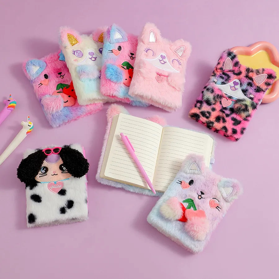 Cartoon Plush Cat Dog Notebook Set Of 2 With Pen Children's Cute Writing Notebook Gift Book Colorful Furry Leopard Pattern