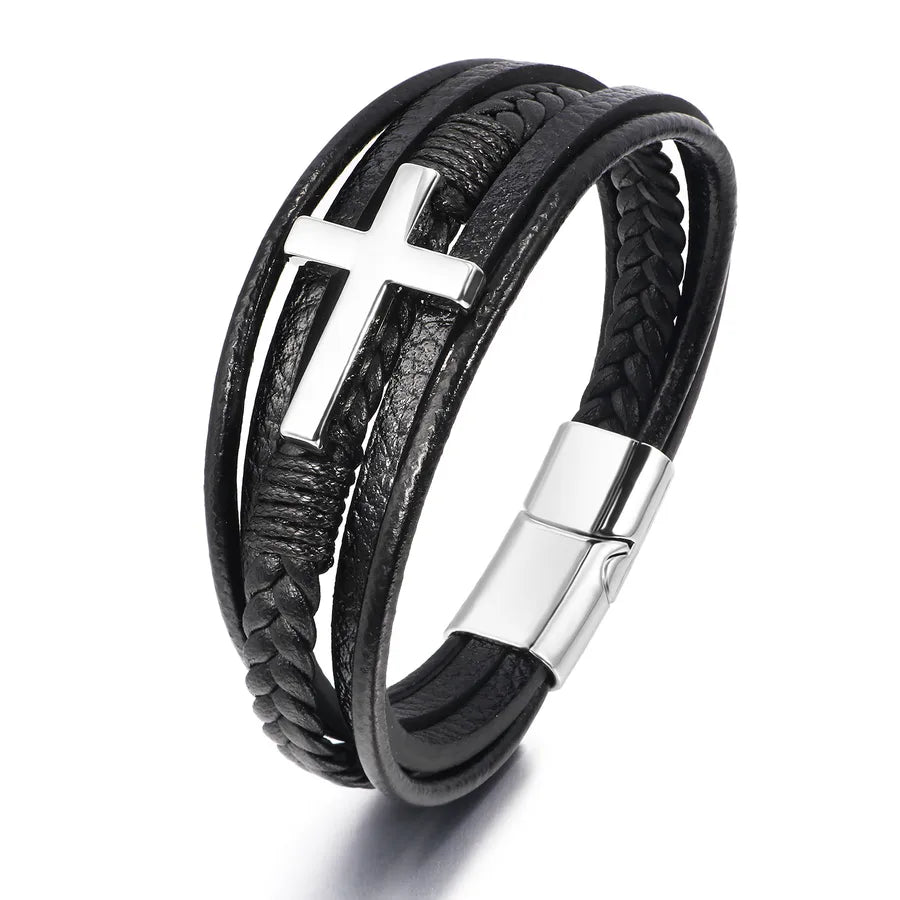 ethnic style cross pu leather braid men's wristband