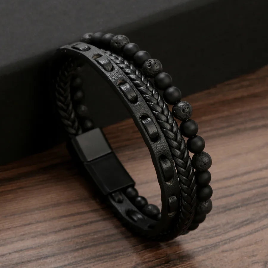 vintage style classic style twist pu leather natural stone handmade men's bangle