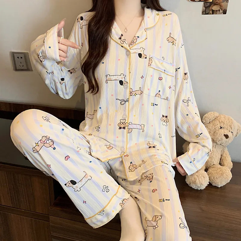 Sweet Girl Heart Print Open Cardigan Sleepwear Long Sleeve Crepe Home Clothes Set Spring New Style Casual Breathable Polyester