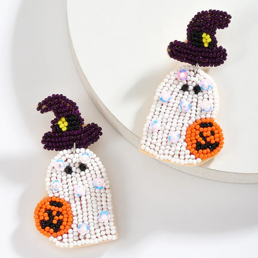 Cute Funny Multi-Color Beaded Ghost Shape Bead Earrings Halloween Makeup Party Ear Studs Earrings