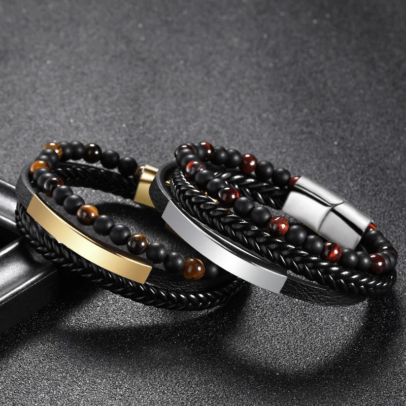 1 piece fashion round pu leather alloy beaded layered patchwork men's bracelets