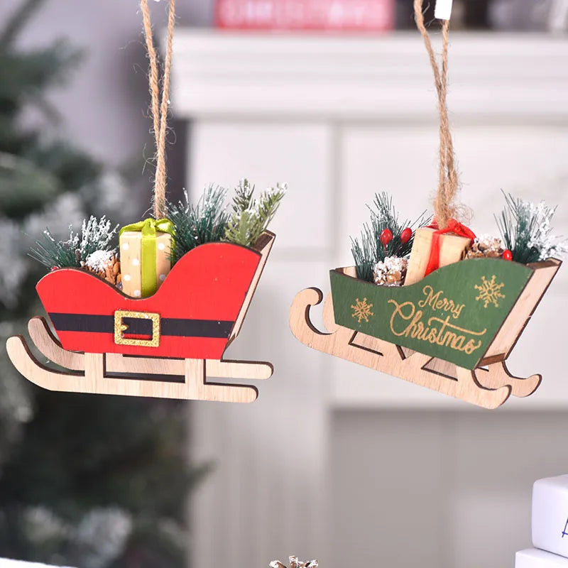 Wooden Christmas Sleigh Decoration Tree Decorations Christmas Atmosphere Sleigh Pendant Christmas Decorations Holiday Ornaments