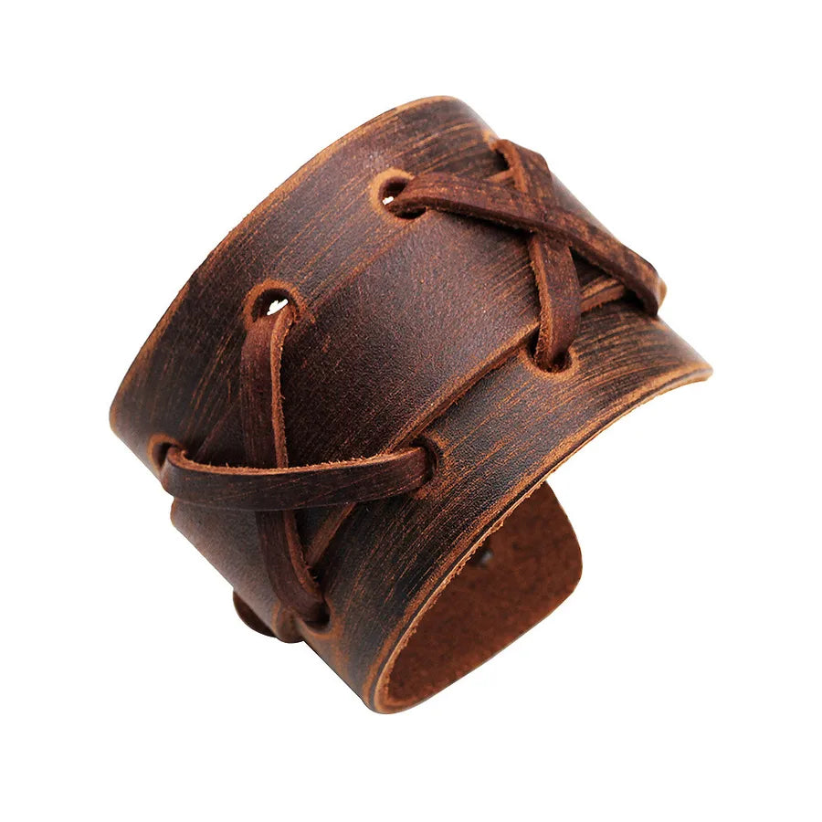 New Fashion Trendy Genuine Leather Punk Bracelet Men's Weaving Wide Leather Cowhide Bracelet  Direct Sales Bangle