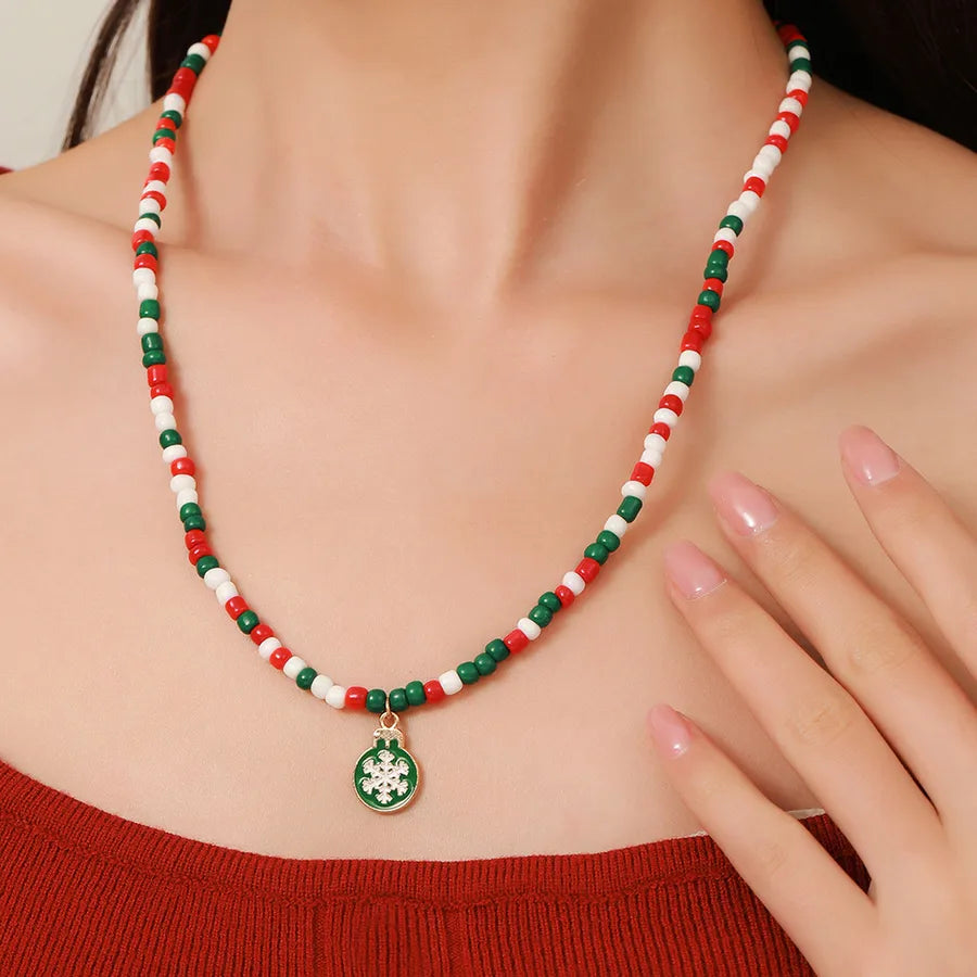 Christmas Themed Double Layered Necklace With Santa Claus Design Glass Beads Clavicle Chain Jewelry Accessory For Unisex Use
