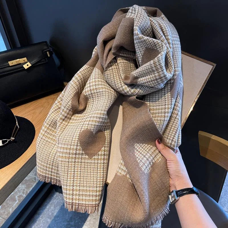women's modern style korean style plaid heart shape imitation cashmere scarf