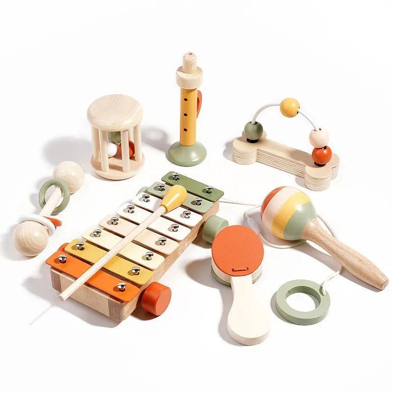 Wooden Rattles Set Baby Early Education Intelligence Training Toys Gripping Practice Orff Instruments Soothing Playthings
