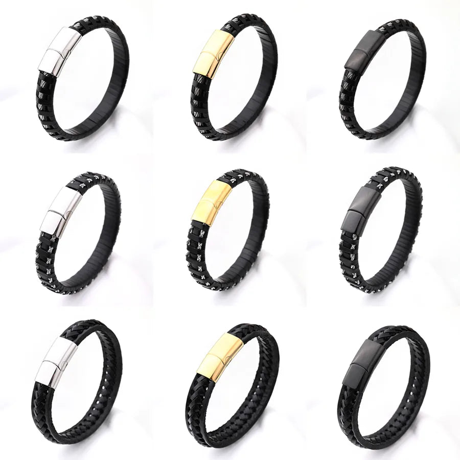 Casual Vacation Streetwear Simple 18K Gold Plated 304 Stainless Steel Genuine Cowhide Wholesale wristband