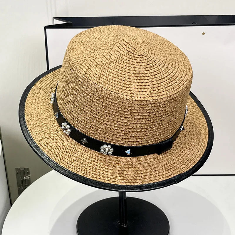 women's simple style flower flat eaves straw hat