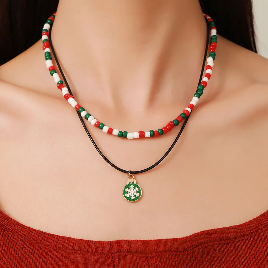 Christmas Themed Double Layered Necklace With Santa Claus Design Glass Beads Clavicle Chain Jewelry Accessory For Unisex Use