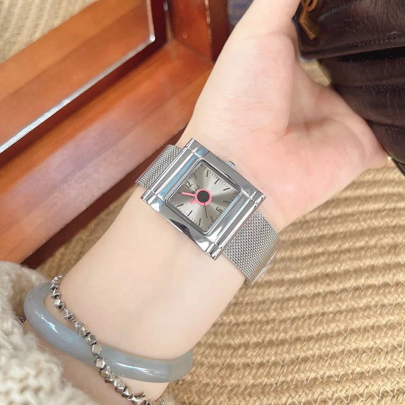 Fashionable Leopard Print Gold Tone Quartz Watch For Women Stylish Milisha Square Face Stainless Steel Band Trendy Accessory