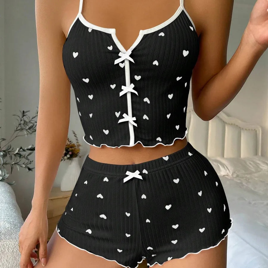 Home Daily Women's Casual Heart Shape Spandex Polyester Printing Bowknot Pants Sets Pajama Sets