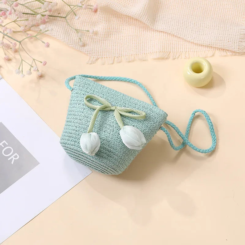 Summer Beach Seaside Tulip Straw Woven Bag  New Children Flower Straw Bag Mobile Phone Crossbody Bag