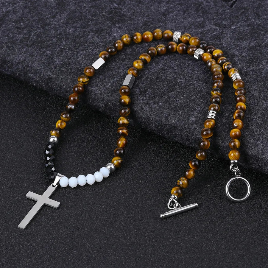 Simple Style Classic Style Cross natural stone Titanium Steel Beaded Polishing Men's Pendant Necklace